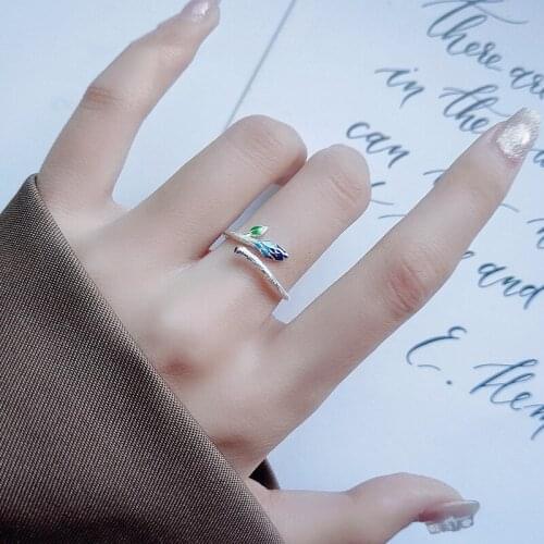 Fresh Blue Leaves Branch Retro Adjustable 925 Sterling Silver Rings For Women Simple Minimalist Delicate Jewelry Wholesale