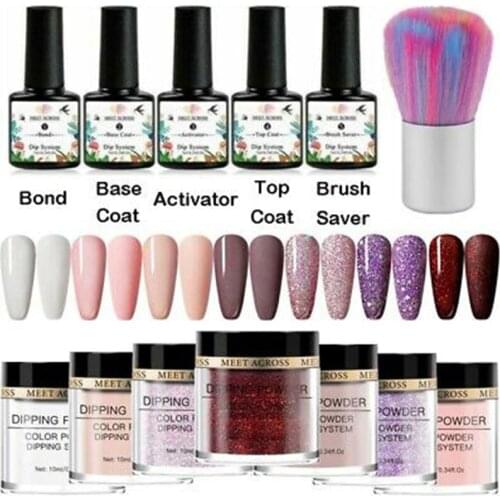 MEET ACROSS 13Pcs Dipping Nail Powder Set 10ml Dip Glitter Powder Dust Natural Dry Without Lamp Cure Dippping System Powder Kit