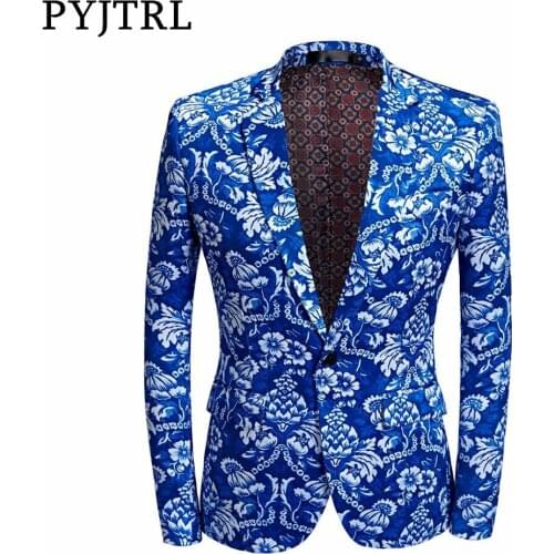 PYJTRL New Mens Fashion Royal Blue Floral Print Casual Blazer Design Wedding Groom Stage Singer Costume Tide Suit Jacket