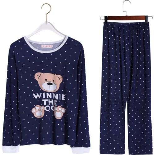 Women Long Sleeve Bear Print Tops And Pants Wave Point Pajamas Set Sleepwear JUN14