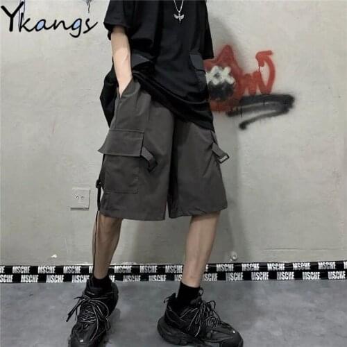 Plus Size Summer Korean Style Solid Loose Big Pocket Cargo Shorts Black Biker Harajuku Sports Fashion Ulzzang High Waist Shorts
