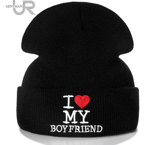 New Unisex Couple Beanie I LOVE MY BOYFRIEND Letter Casual Winter Hats For Men Women Warm Knitted Hat Fashion Solid Beanie Hat