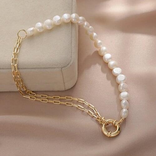 Vintage Party Pearl Jewelry Simple Bukle Half-A Half Stainless Steel White Baroque Pearl Necklace Choker for Women 2020