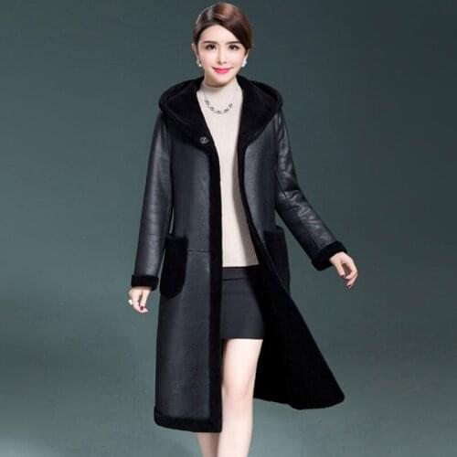 Women 2021 Winter Fashion with Fur Faux Leather Thick Warm Jacket Coat Female Vintage Long Sleeve Hooded Fake Fur Outerwear Y381