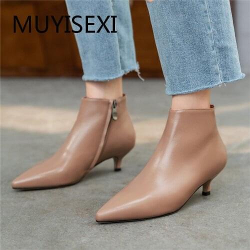 Sexy Ankle Boots Zipper Genuine Leather Pointed Toe Thin Heels Winter Solid Autumn Boots For Women MING05 MUYISEXI