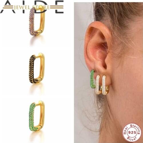 Aide S925 Sterling Silver Colorful Zircon U Shaped Hoop Earring For Women Girls Big Circle Round Huggie Earrings Jewerly Gifts