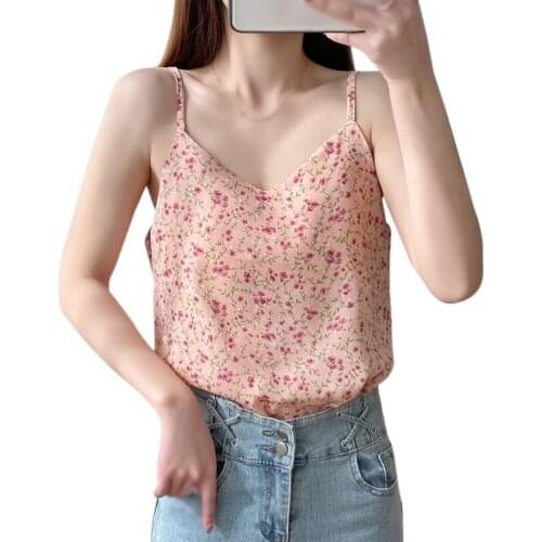 Womens Floral Print V Neck Vest Summer Streetwear Fresh Chiffon Sleeveless Camisole Tank Tops