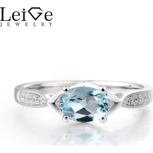 Leige Jewelry Promise Ring Natural Aquamarine Ring March Birthstone Sky Blue Stone Ring 925 Sterling Silver Vintage Ring for Her