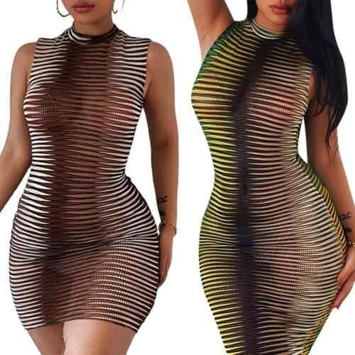Women Sleeveless Dress with Chic Horizontal Stripe Pattern, 2021 New Fashion Slim Sexy Style Skinny Fit Summer Clothing