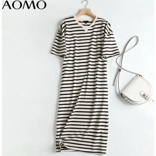 AOMO 2021 Summer Women Striped Print T-shirt Dress High Quality Short Sleeve Ladies Midi Dress Vestidos 4C80A