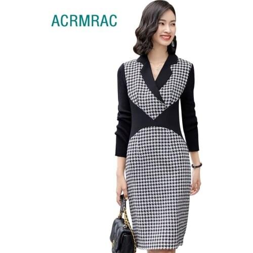 Women Dress winter V-neck Houndstooth Office Lady Formal dress woman 940