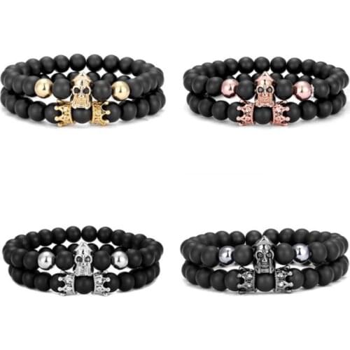 2pcs/lot 8mm helmet skull crown gold silver copper cz zircon cubic zirconia beads bohemian Bracelet elastic Stone Bangles