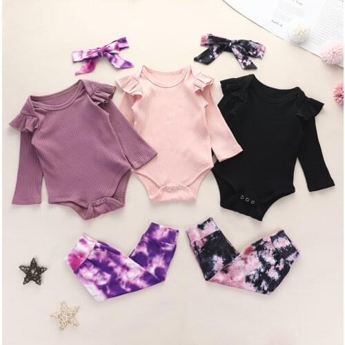Infant Baby Girls 3Pcs Tie Dye Print Outfits Ruffle Long-Sleeves Knitted Rompers Sweater+Pants+Hairband Children Autumn Clothes