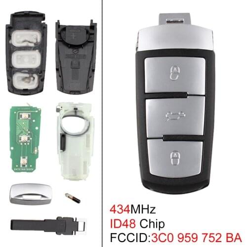 434MHz 3 Buttons Keyless Uncut Flip Smart Remote Key Fob ID48 Chip 3C0959752BA Fit for VW Passat B6 3C B7 Magotan CC 2006-2011