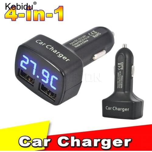 Kebidu 12-24V 4 in 1 Car Charger Dual DC5V 3.1A USB with Temperature/Voltage/Current Meter Tester Adapter Digital Display