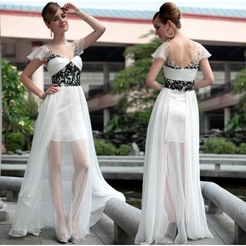 Free shipping 2016 white chiffon lace cap sleeve vestidos formales sexy maxi dresses long girls party dresses Graduation Dresses