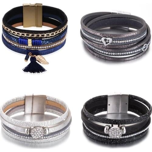 HOCOLE Fashion Gem Rhinestone Magnetic Leather Bracelets & Bangles Bohemian Handmade Multilayer Wrap jewelry Women gift pulseira