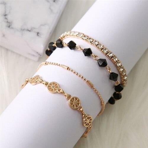 Miss JQ Bohemia Alloy Crystal Multi-layers Black Beaded Bracelets for Women Jewelry Foot Gold Chain Anklets Accessories Gift