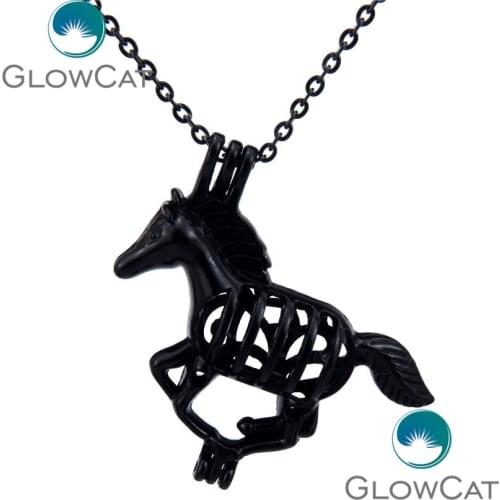 HH43 Gun Black Running Horse Beads Cage Essential Oil Pearl Cage Aromatherapy Locket Necklace Women Kids Party Jewelry