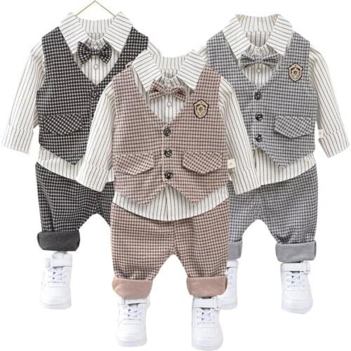 Boy 3PCS Suit Striped Shirt + Vest + Trousers Set Children Casual Gentleman Wedding Party Clothing Kids Infant Banquet Outfit
