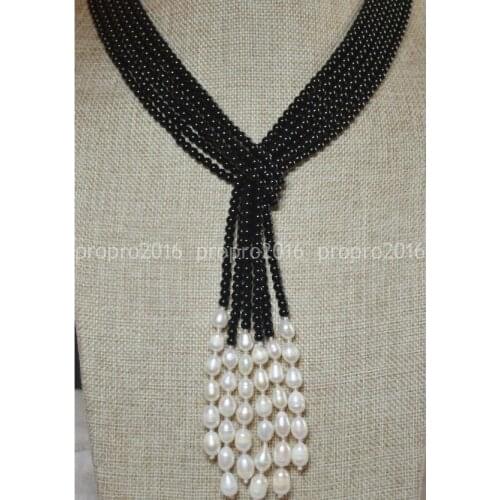 Beautiful 3 Strands Natural 4mm Black Agate Freshwater Pearl Necklace 48"