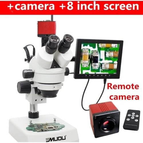 MUOU7X-45X Continuous zoom Binocular Stereo Microscope Inspection PCB Repair Two LED Light Source+camera +8 inch screen