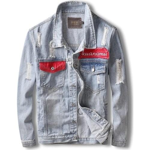 2021 New Fashion Mens Denim Jacket Patches Designer Retro Light Blue Ripped Coats Denim Jackets Streetwear Hip Hop Coat Hombre