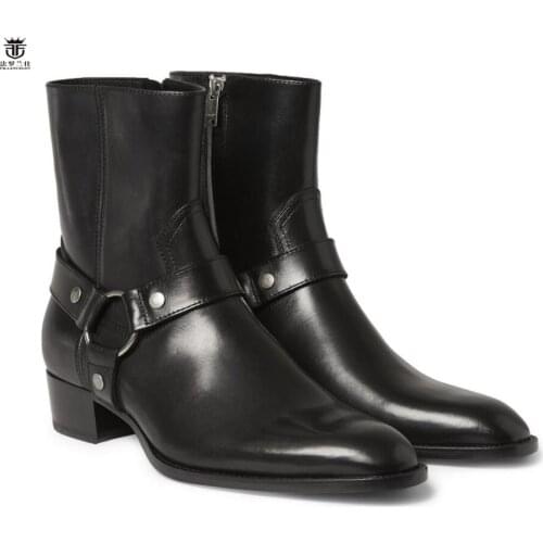 2019 FR.LANCELOT European style chelsea boots pointed toe cow leather boots men riding boots low heel motorcycle boot men winter