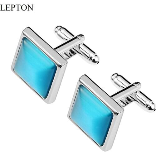 LEPTON Sky Blue Cat Eye Stone Cufflinks for Mens Shirt Cuffs Cufflink Square Fashion Women Cuff Links Relojes Gemelos Best Gift