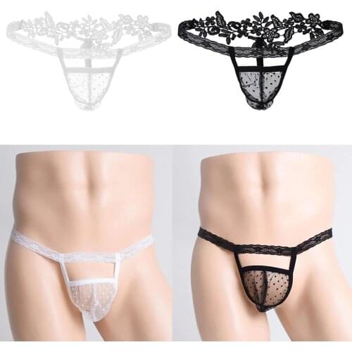 Men’s Sissy Lingerie Sheer Mesh Lace Floral Gay Underwear Pouch T-back Thongs Bikini Jockstrap Panty Briefs Underpants