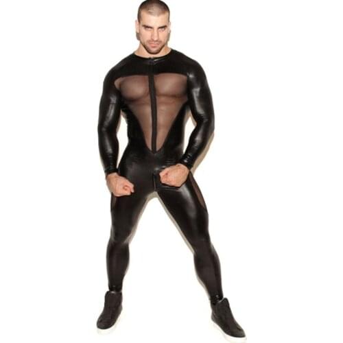 Men Faux Leather Stretch Catsuit Sexy Transparent Mesh Zipper Open Crotch One-piece Tight PVC Bodysuit Clubwear Fetish Costumes