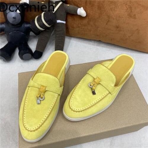 Hot Sale Mules Women Suede Leather Flats Shoes Woman Round Toe Metal Lock Decor Loafers Ladies Comfort Outwear Slippers Women