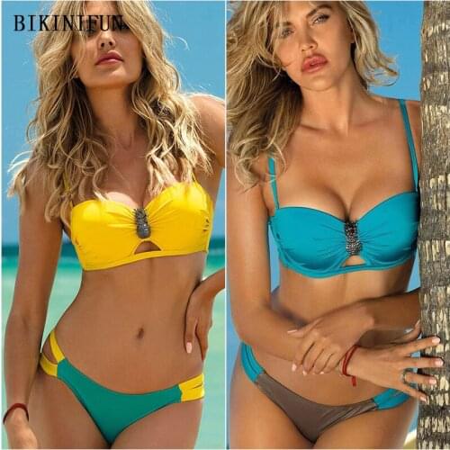 2020 New Sexy Contrast Color Swimsuit Women Decorative Beachwear Front Cutout Swimwear S-XL Girl Low Waist Backless Bikini Set