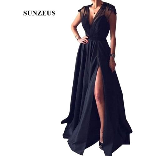 A-line V-neck Cap Sleeves Black Evening Dresses With Appliques On Shoulders Elegant Long Satin Party Gowns For Women