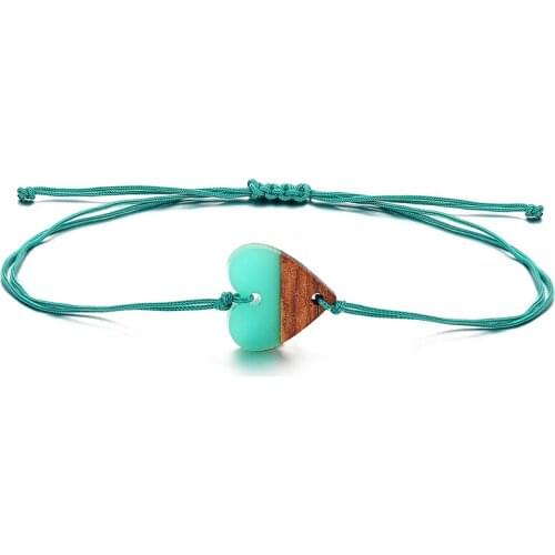 Handmade Green Color Braided Bracelets&Bangles For Men Women Lucky Heart Wood Pendant Woven Knots Rope Chain Bracelet Jewelry