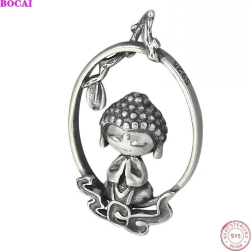 BOCAI S925 sterling silver pendant matte ethnic style retro Thai silver auspicious clouds cartoon small Buddha womans pendant