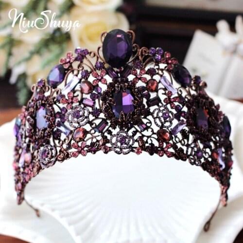 NiuShuya Luxurious Purple Crystal Bridal Tiara Crowns Queen King Diadem Hair Ornaments Wedding Bride Hair Jewelry Accesories