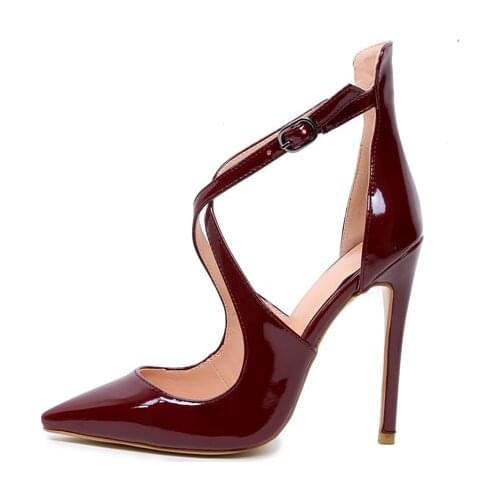 Sandals Wine Red Patent Leather Pumps Extreme High Heels Office Lady Cross Strap Pointed Toe Party Dress Shoes Women Stiletto