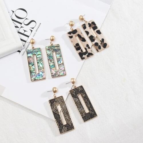 Abalone Shell Square Dangle Drop Earrings for Women Snakeskin Leopard Leather Fashion Women Jewelry