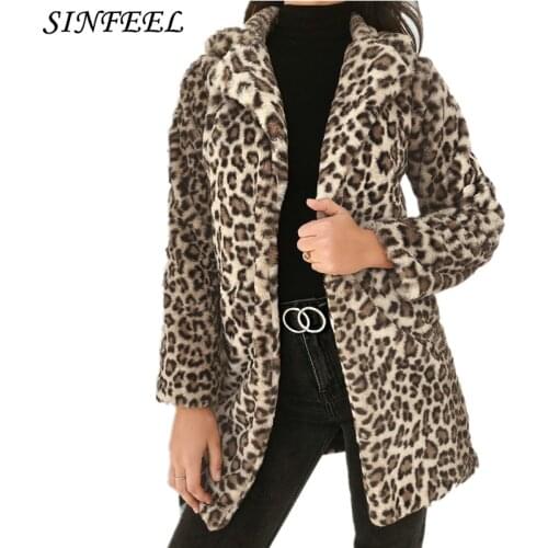 SINFEEL Fashion Women Ladies Leopard Print Faux Fur Plush Wool Coat Jacket Winter Warm Outerwear Streetwear casaco feminino
