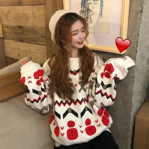 Spring and Autumn Japanese Pure Printed Sweatshirt Cute Cartoon Printed Round Neck Pullover Plus Velvet Loose Sweatshirt