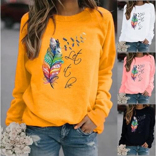 Feather Let It Be Printed Hoodies Women Fleece Long Sleeve O Neck Loose Sweatshirt Girls Women Hoodie Pullovers Winter
