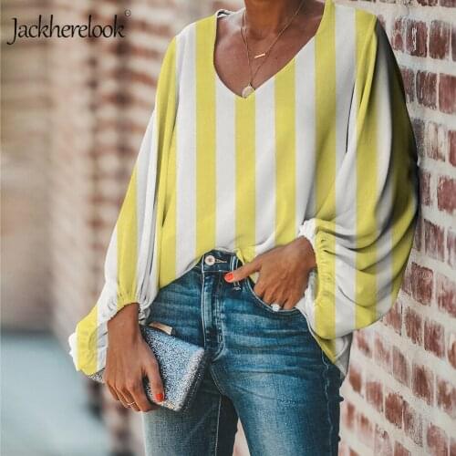Jackherelook Colorful Striped Design Girls V-neck Half Tops Blouse Women Chiffon Long Bell Sleeves Fashion Breath Chemise Femme
