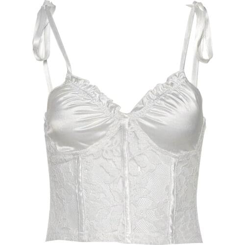 Womens Lace Crop Cami Tops, Sleeveless Self-Tie Spaghetti Strap Ruched Bust Ladies Camisole Shirt