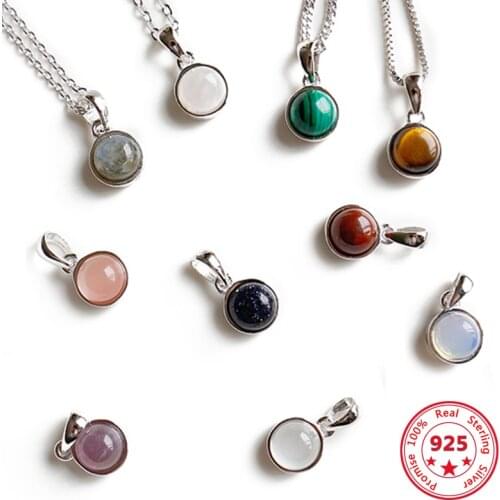 100% 925 Sterling Silver Pendant Natural Malachite Labradorite Crystal Agate Opal Moonstone Gem Necklace Women Fashion Jewelry