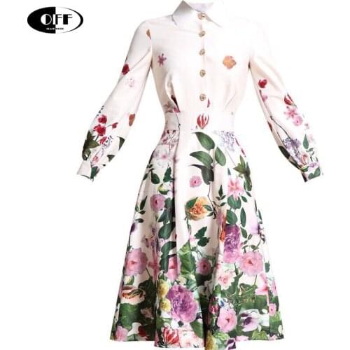 Designer elegant shirts midi skirts women lantern long sleeve flower printed vintage dress peter pan collar party sets vestidos