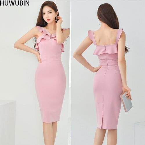 2021 Summer New Korean Womens Chic V-Neck Sexy Ruffle Sling Slim Temperament Mid Long Hip Bag Fashion Avant-Garde Dress