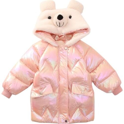 Girl winter cartoon style cotton jacket Girls long shiny cold-resistant cotton jacket Girl fashion western style windproof coat