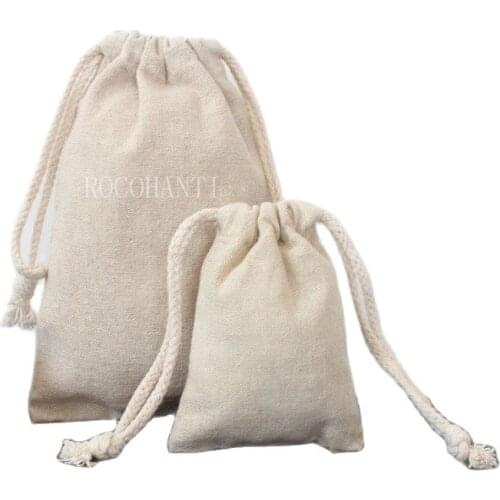30X Custom Order Accept Burlap Linen Bags Cotton Linen Gift Bag with Thick Drawstring Rope