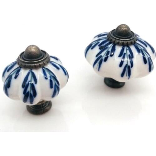 5PCS Ceramic Pumpkin Kitchen Home Door Cupboard Pull Handle Cabinet Drawer Knob Vintage Blue leaf painted Flower Knobs Handles